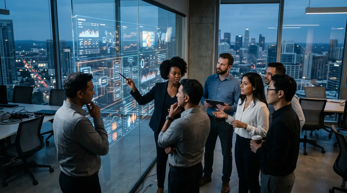 Enterprise technology team collaborating on an SAP digital transformation dashboard